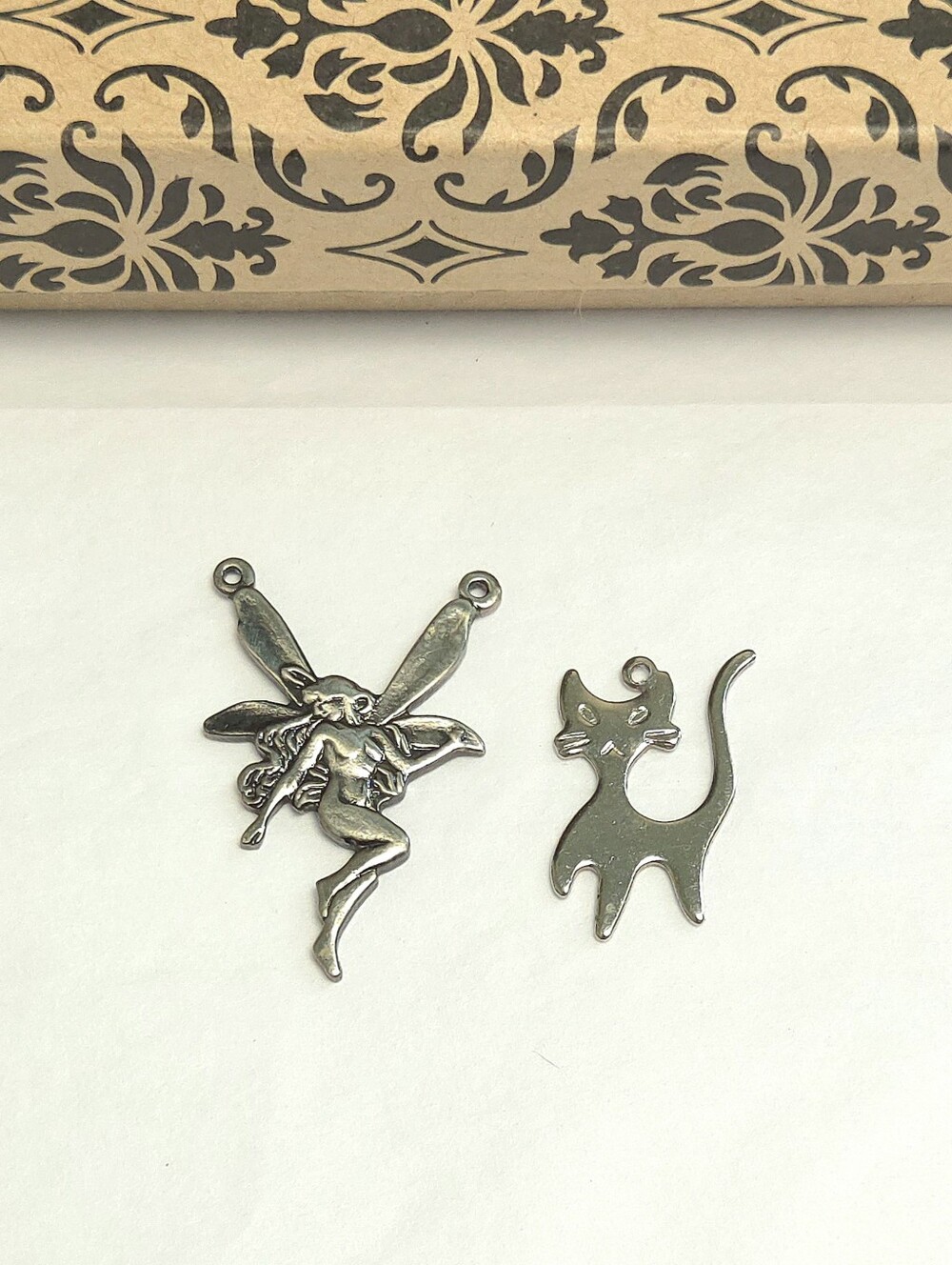 Silver Tone Fairy Lady & Kitty Cat Pendants or Charms Jewelry Making